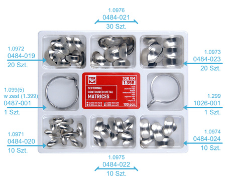 Sectional contoured metal matrices + clamps - 100 pcs set 0,050mm soft